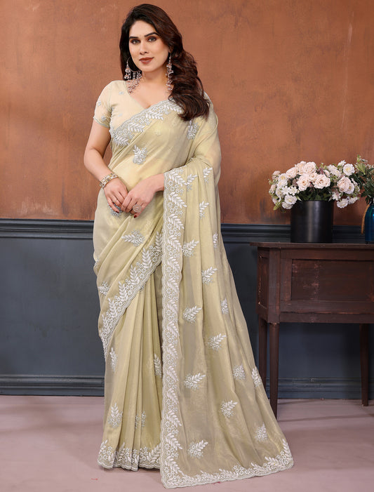 Pista Pure Cotting Jorgut With Embrodery Resham Work Ethnic Saree