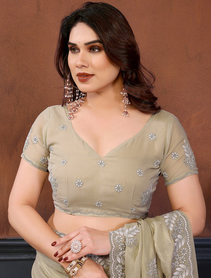 Pista Pure Cotting Jorgut With Embrodery Resham Work Ethnic Saree