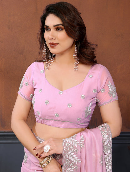 Pink Pure Cotting Jorgut With Embrodery Resham Work Ethnic Saree