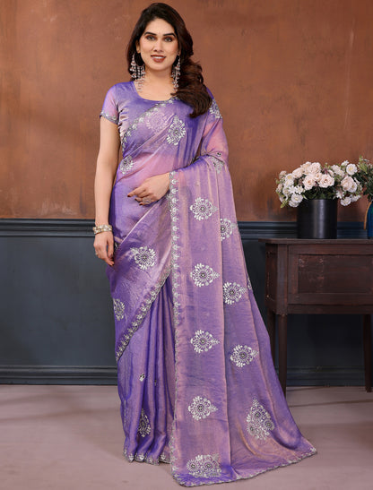 Purple Pure N.C Moss Chiffon With Chain Stich Work Ethnic Saree