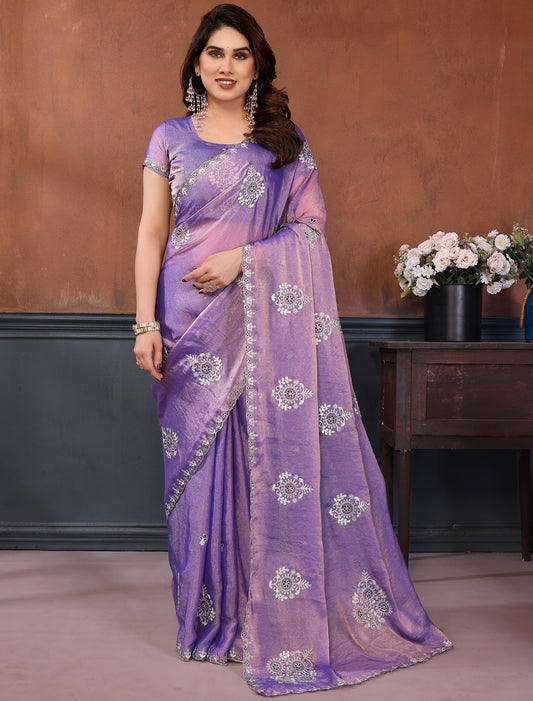 Purple Pure N.C Moss Chiffon With Chain Stich Work Ethnic Saree