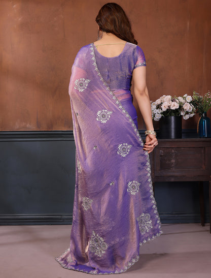Purple Pure N.C Moss Chiffon With Chain Stich Work Ethnic Saree