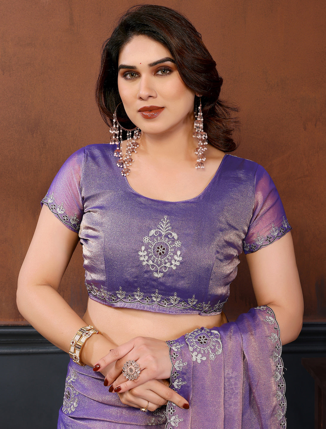 Purple Pure N.C Moss Chiffon With Chain Stich Work Ethnic Saree