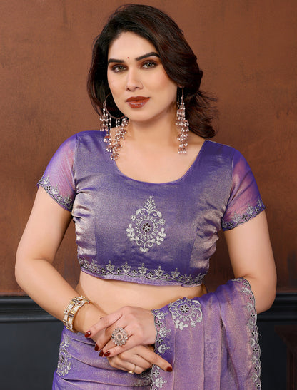 Purple Pure N.C Moss Chiffon With Chain Stich Work Ethnic Saree