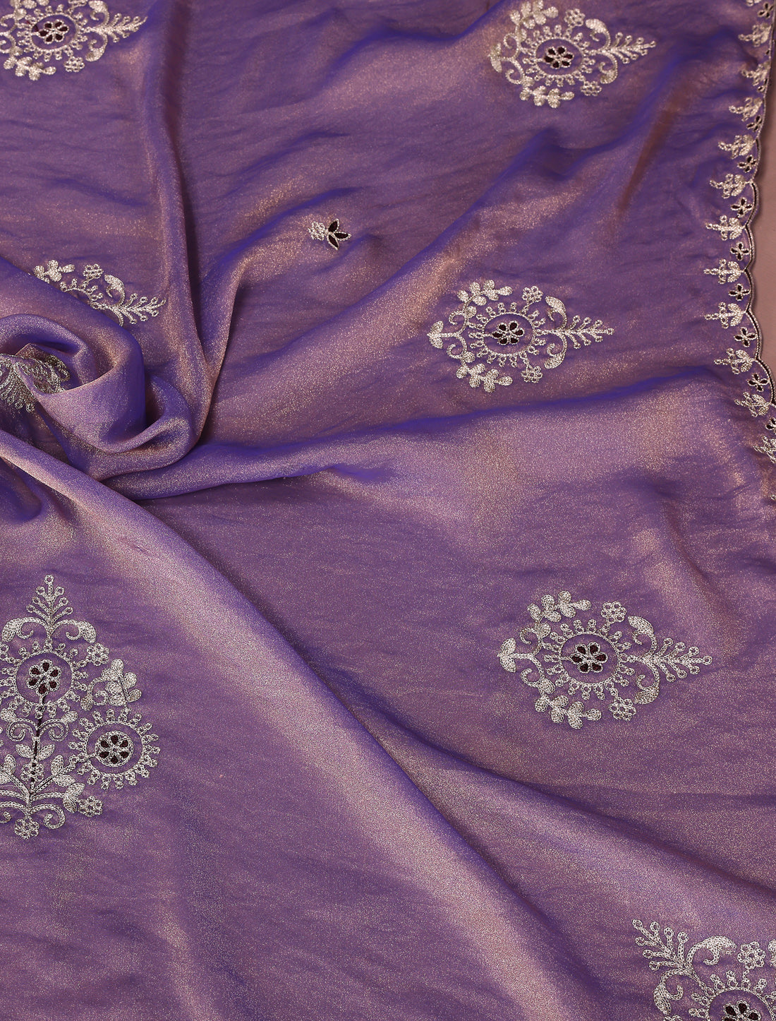 Purple Pure N.C Moss Chiffon With Chain Stich Work Ethnic Saree