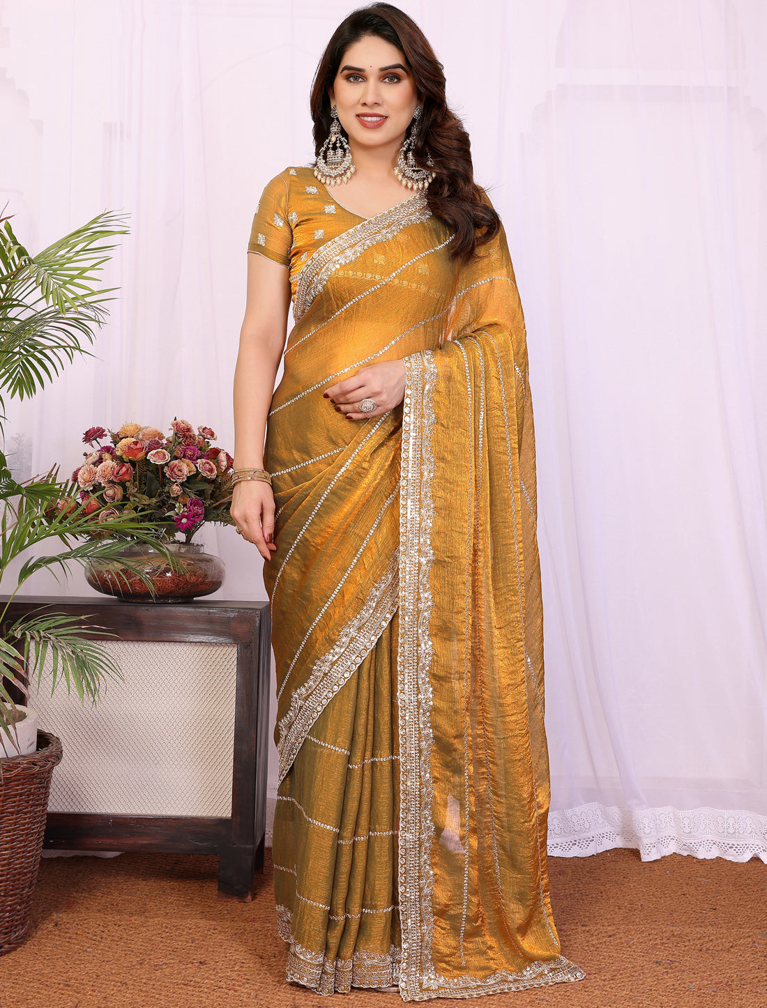Copper Pure Chiffon With Pure Seqvense Work Ethnic Saree