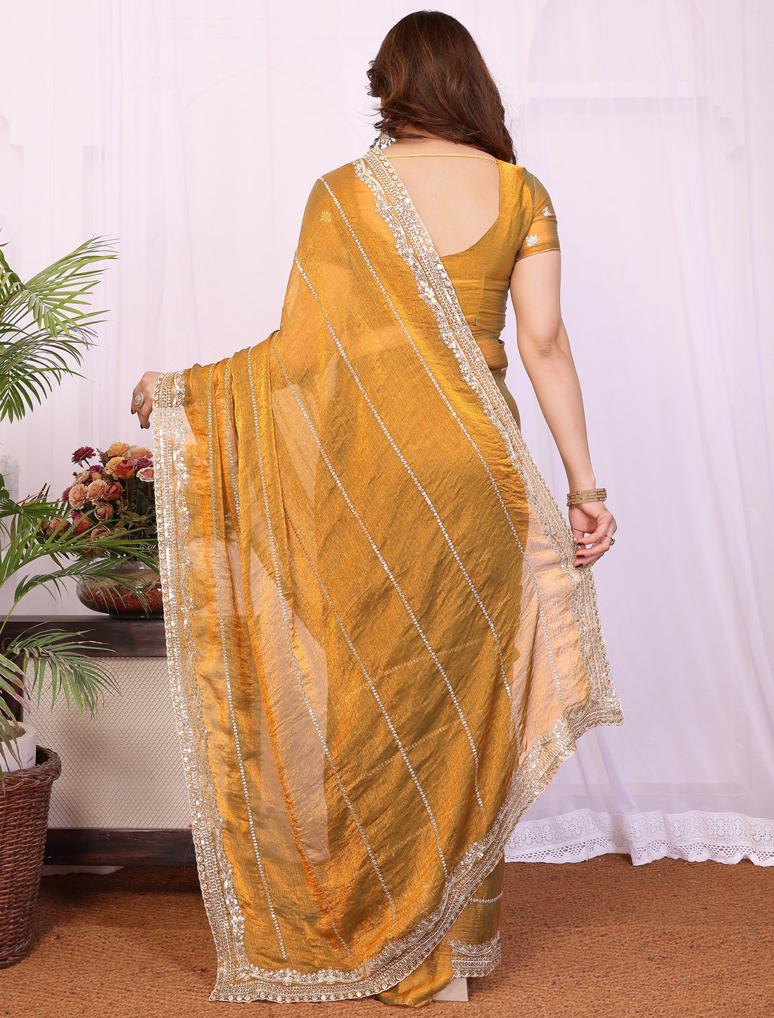 Copper Pure Chiffon With Pure Seqvense Work Ethnic Saree