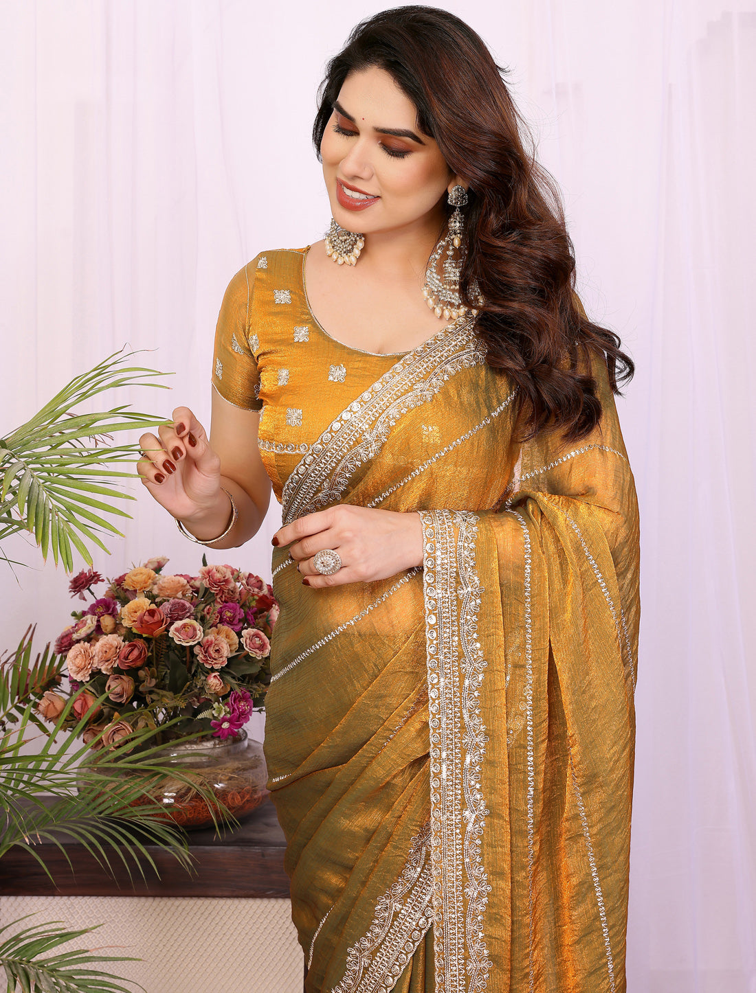 Copper Pure Chiffon With Pure Seqvense Work Ethnic Saree