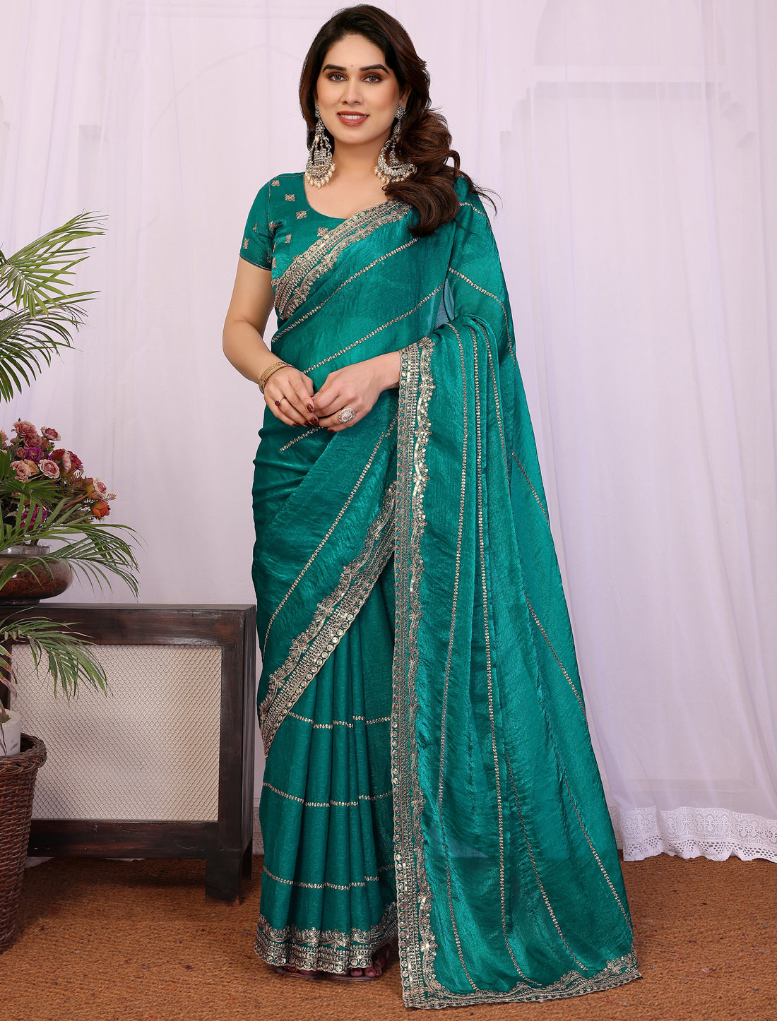 Rama Pure Chiffon With Pure Seqvense Work Ethnic Saree