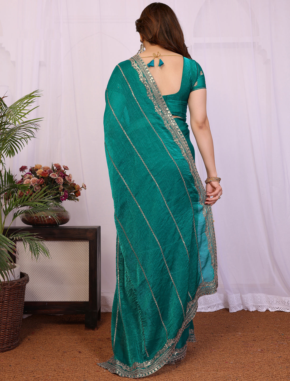 Rama Pure Chiffon With Pure Seqvense Work Ethnic Saree