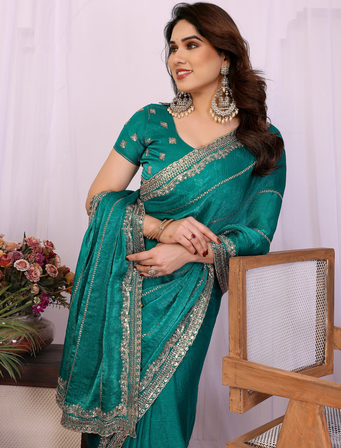 Rama Pure Chiffon With Pure Seqvense Work Ethnic Saree