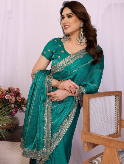 Rama Pure Chiffon With Pure Seqvense Work Ethnic Saree