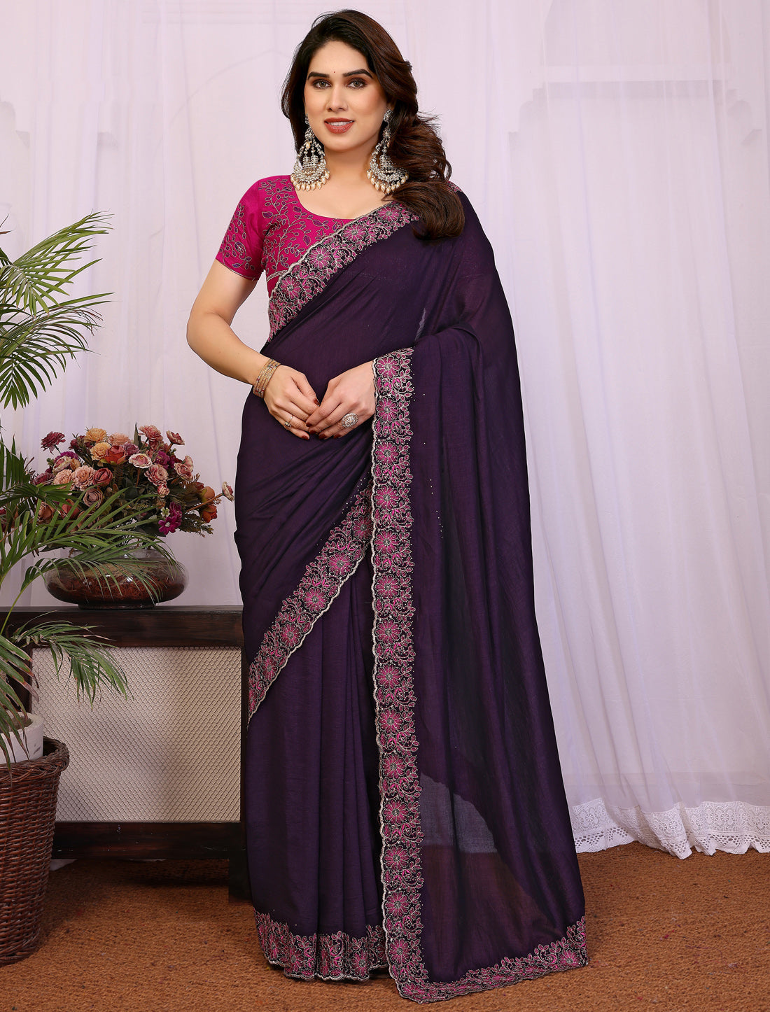 Voilate Pure Vichitra Silk With Multi Embrodery Work Ethnic Saree