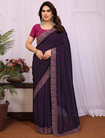 Voilate Pure Vichitra Silk With Multi Embrodery Work Ethnic Saree