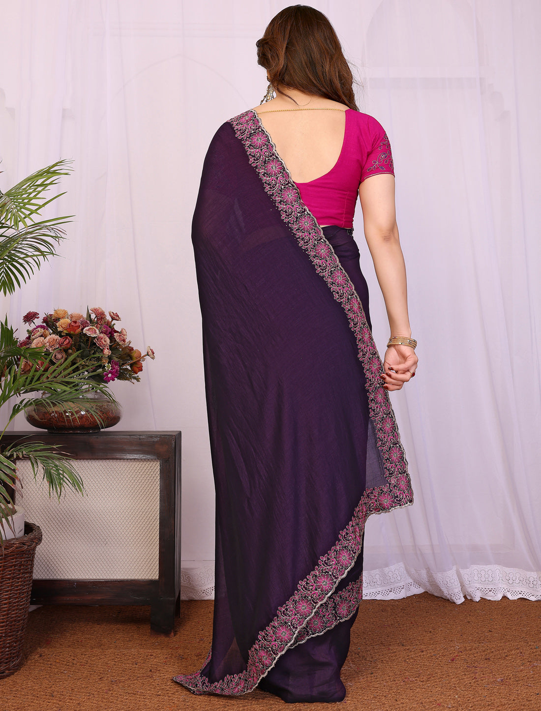 Voilate Pure Vichitra Silk With Multi Embrodery Work Ethnic Saree