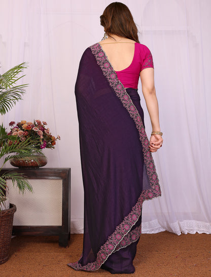 Voilate Pure Vichitra Silk With Multi Embrodery Work Ethnic Saree