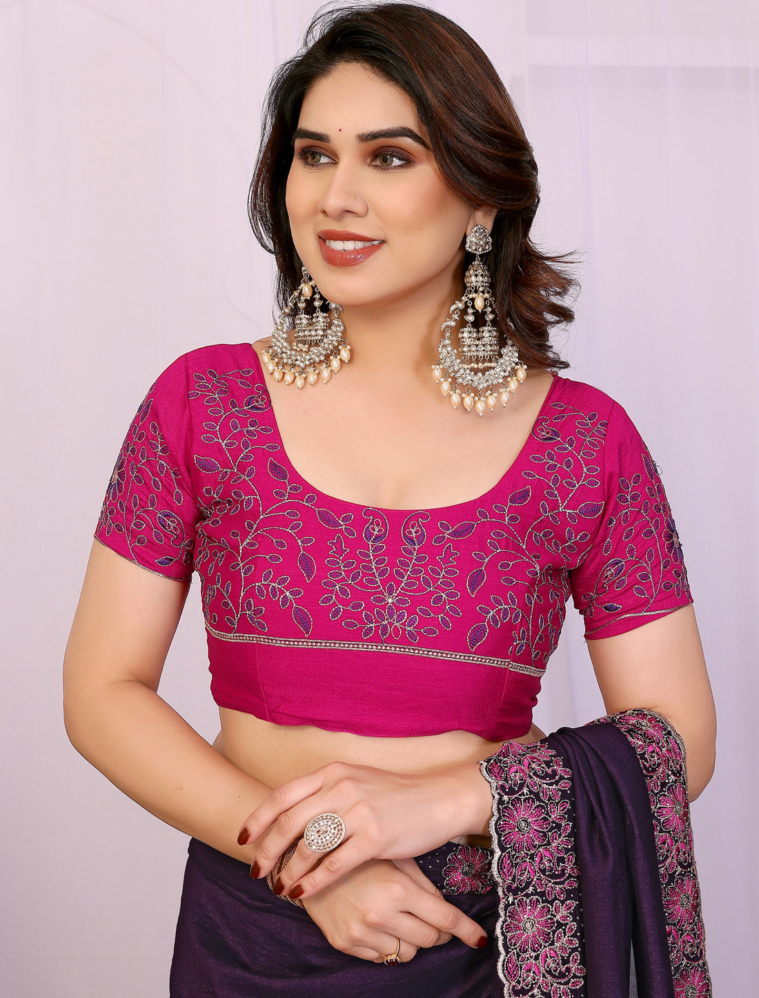 Voilate Pure Vichitra Silk With Multi Embrodery Work Ethnic Saree