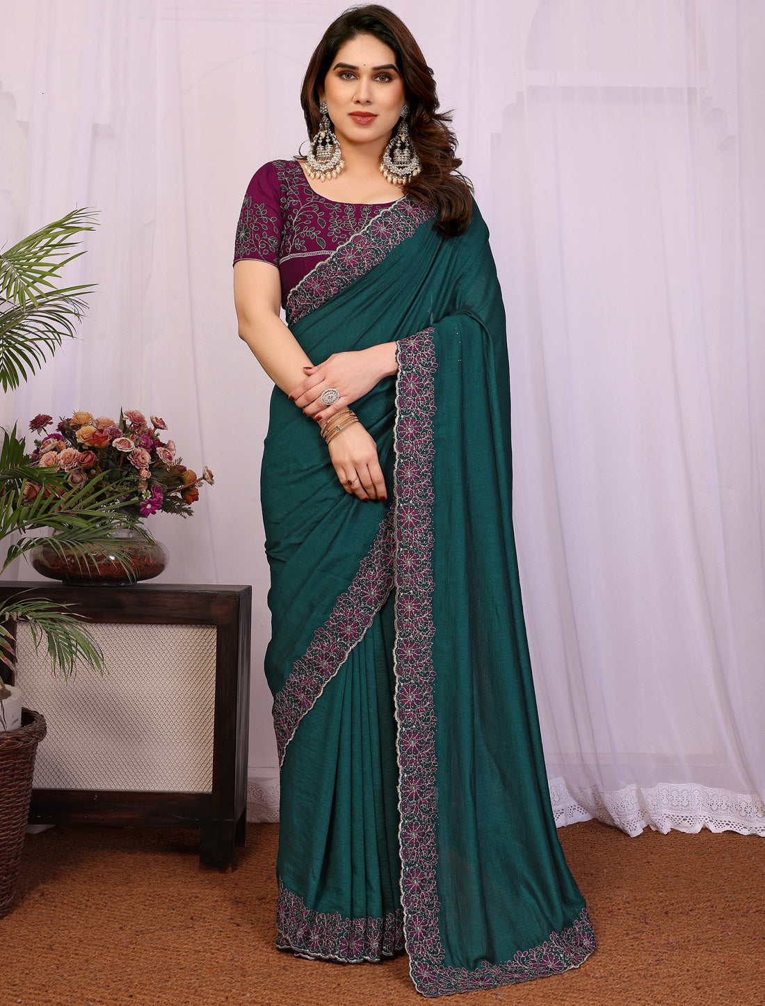 Rama Pure Vichitra Silk With Multi Embrodery Work Ethnic Saree