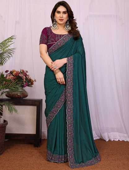 Rama Pure Vichitra Silk With Multi Embrodery Work Ethnic Saree