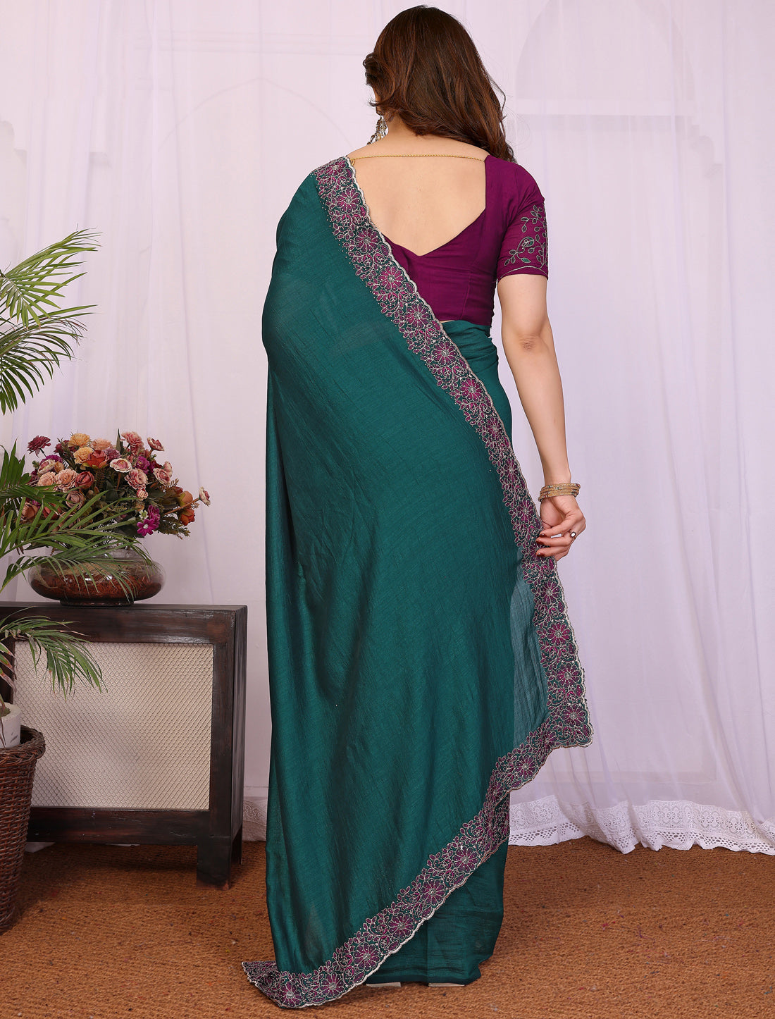 Rama Pure Vichitra Silk With Multi Embrodery Work Ethnic Saree