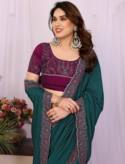 Rama Pure Vichitra Silk With Multi Embrodery Work Ethnic Saree