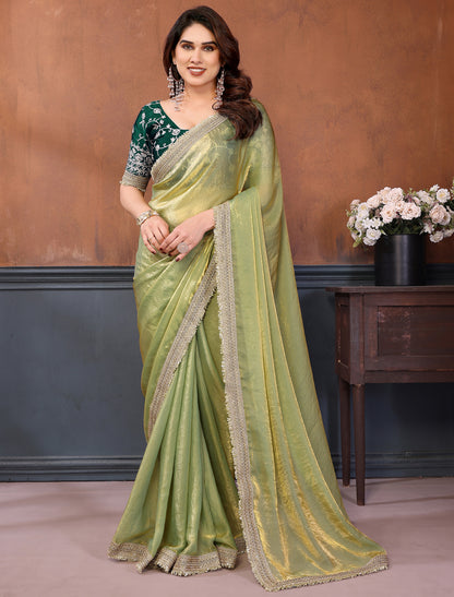 Light Green Pure Fandy Satin With Lace Border Ethnic Saree