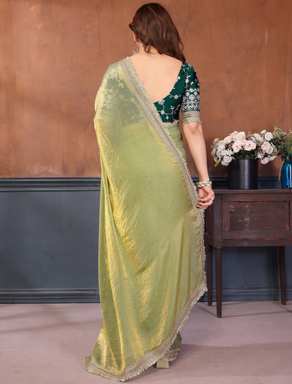Light Green Pure Fandy Satin With Lace Border Ethnic Saree