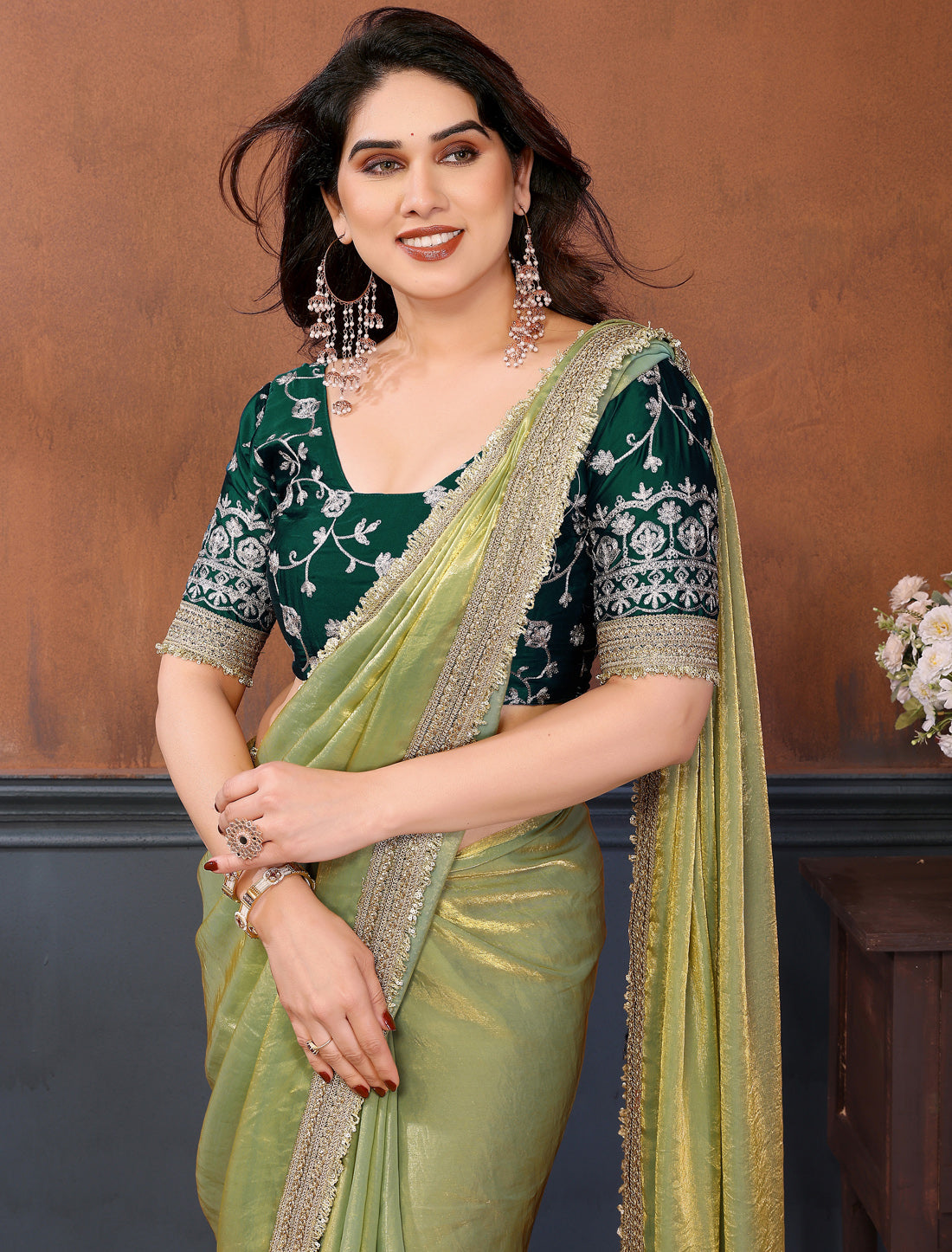 Light Green Pure Fandy Satin With Lace Border Ethnic Saree