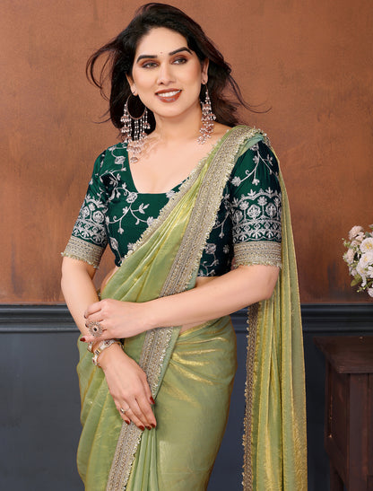Light Green Pure Fandy Satin With Lace Border Ethnic Saree
