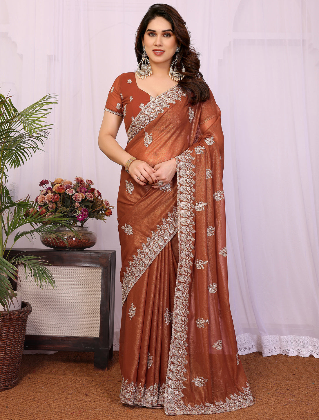 Dusty Rust Pure Cotting Georgette With Embroidery Work Ethnic Saree
