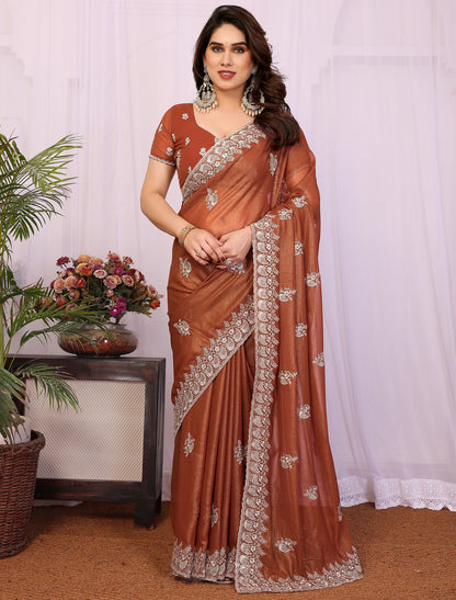 Dusty Rust Pure Cotting Georgette With Embroidery Work Ethnic Saree