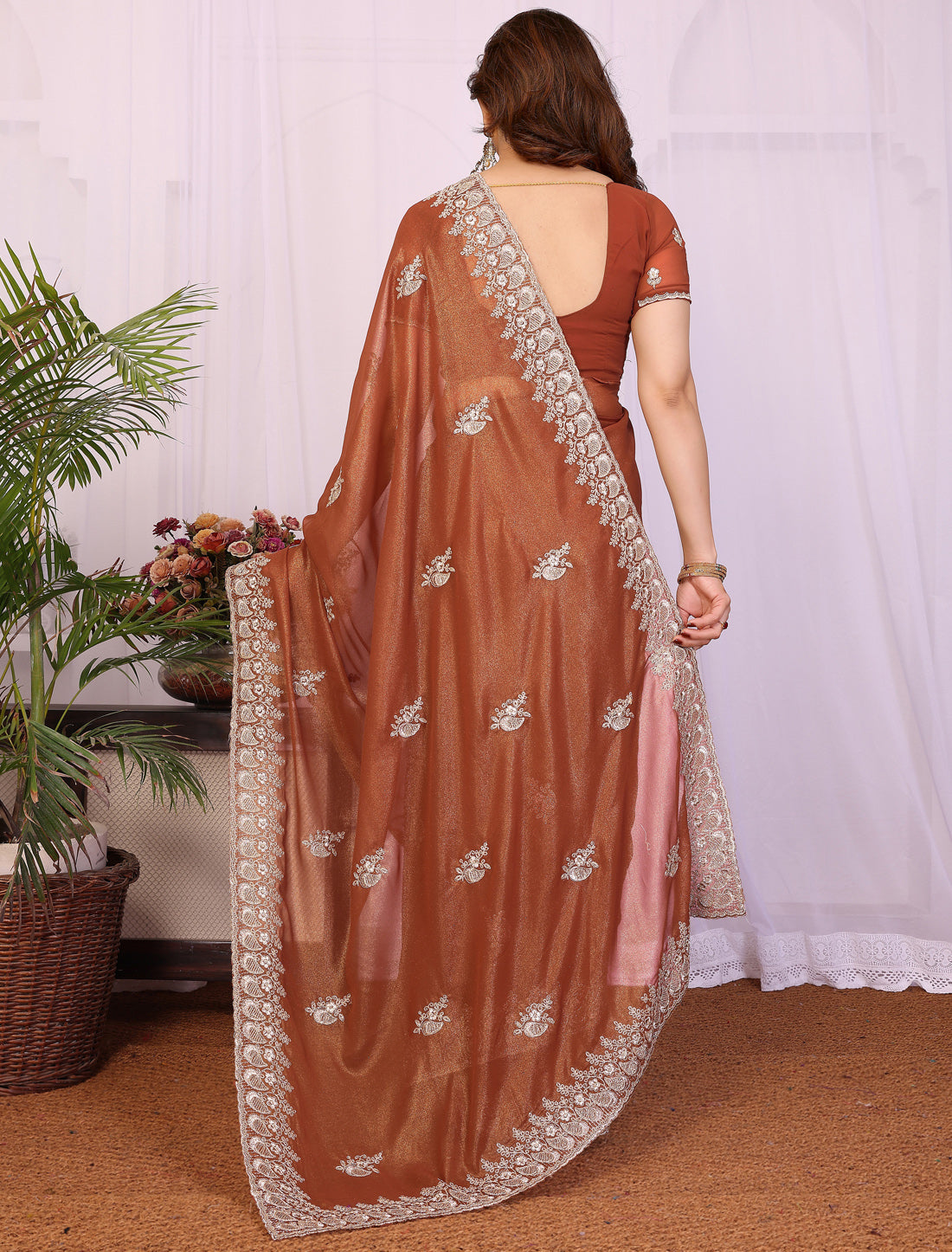 Dusty Rust Pure Cotting Georgette With Embroidery Work Ethnic Saree