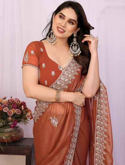 Dusty Rust Pure Cotting Georgette With Embroidery Work Ethnic Saree