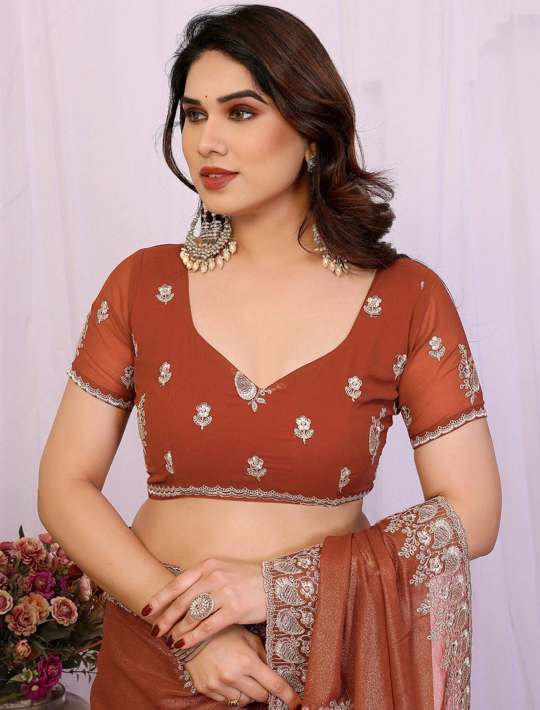 Dusty Rust Pure Cotting Georgette With Embroidery Work Ethnic Saree