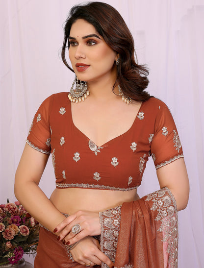 Dusty Rust Pure Cotting Georgette With Embroidery Work Ethnic Saree