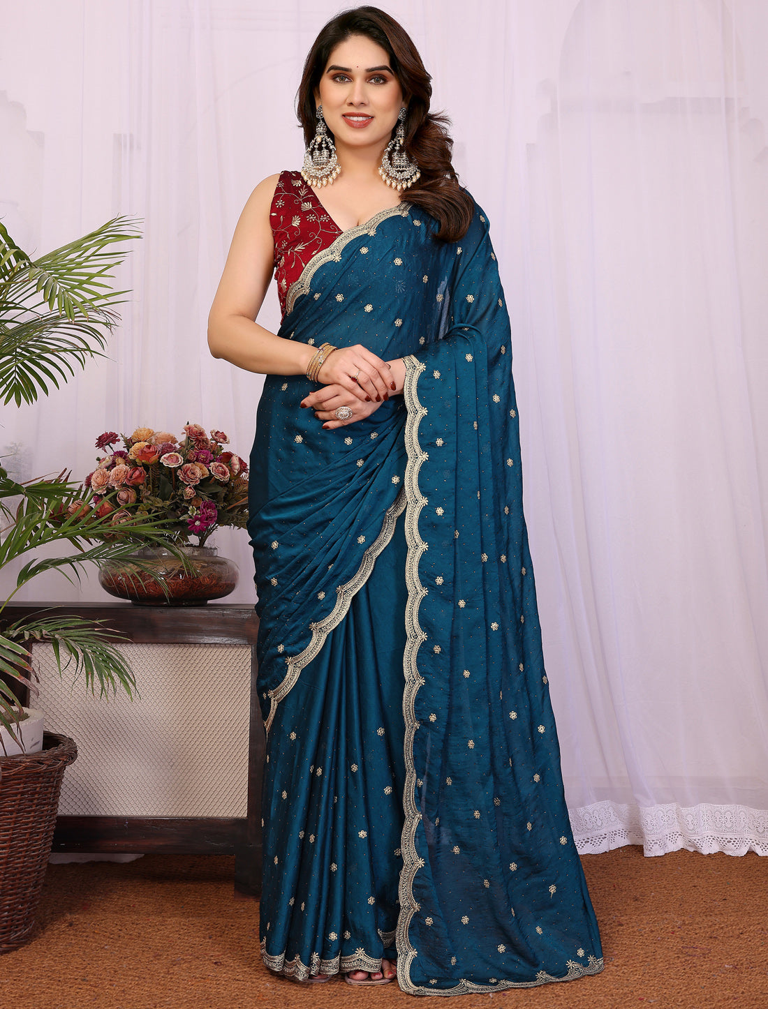 Ethnic Morpitch Silk Cruss Embrodery Zari With Siroski Saree
