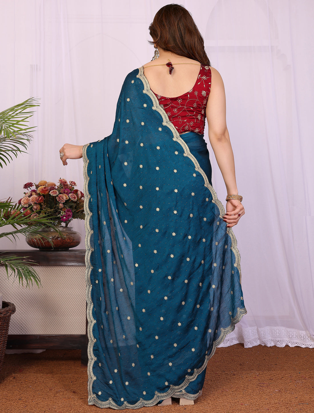 Ethnic Morpitch Silk Cruss Embrodery Zari With Siroski Saree