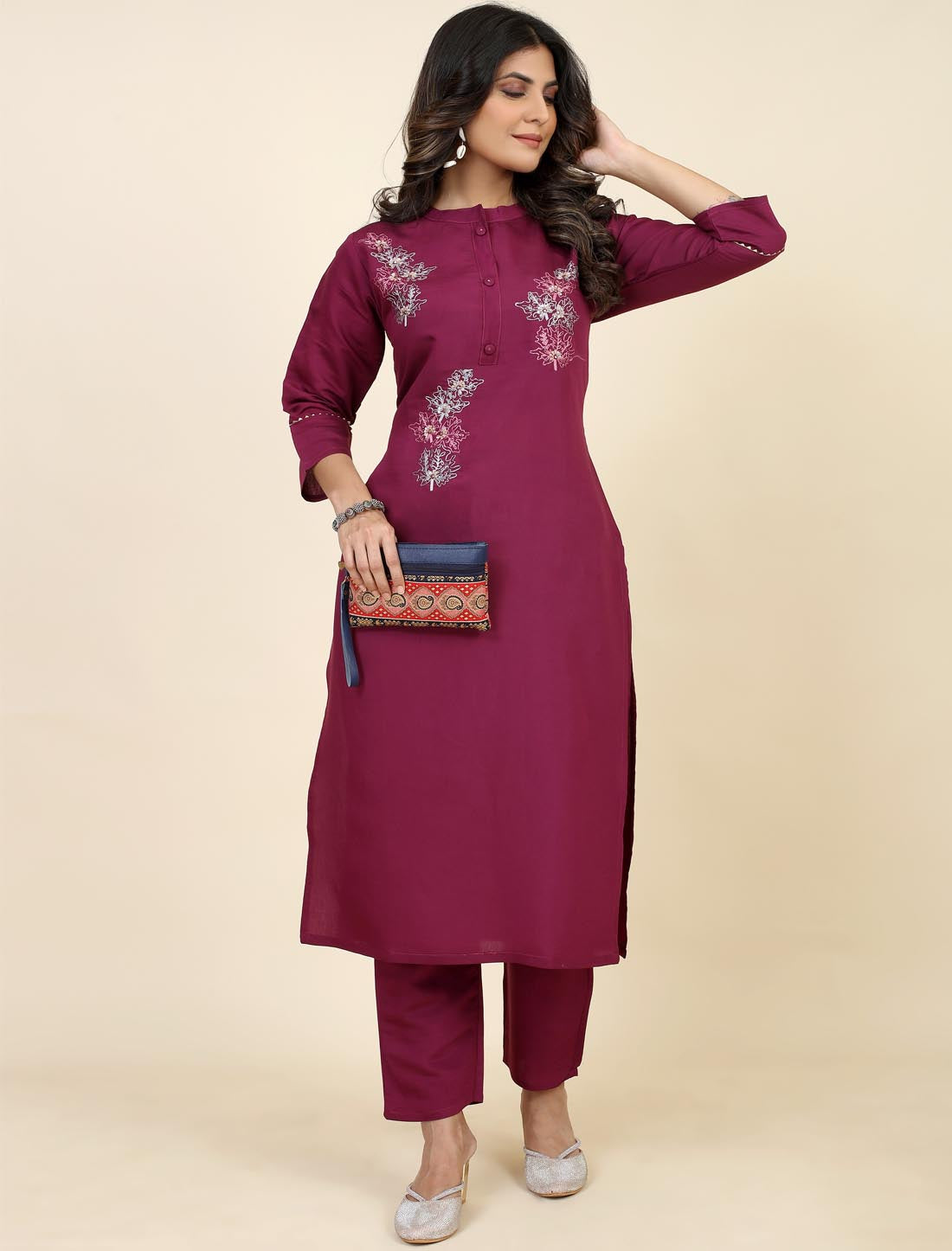 Stylish Embroidered Pattern Duo Modal Silk & Cotton Felx Kurta Sets For Women