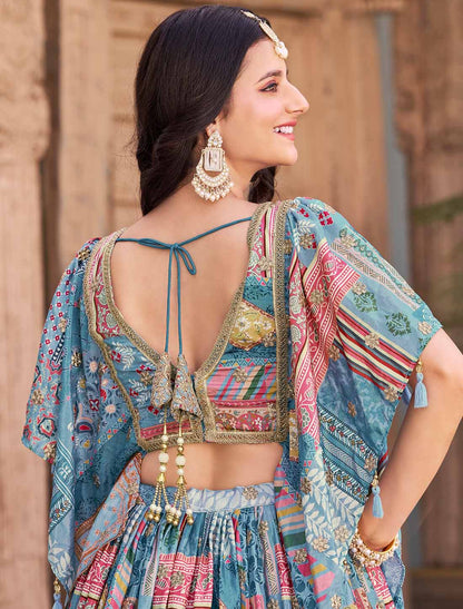 Sky Chinon Silk With Zari Dori Embroidery Designer Ethnic Lehenga Choli