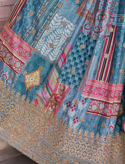 Sky Chinon Silk With Zari Dori Embroidery Designer Ethnic Lehenga Choli