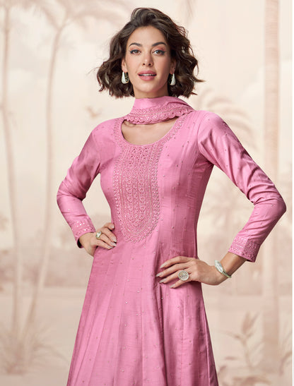 Pink Premium Silk Free Size Designer Party Wear Gown For Women