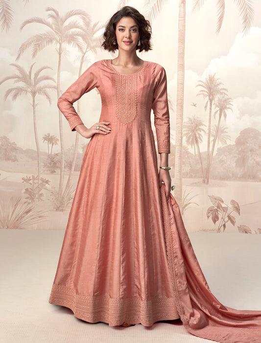 Peach Premium Silk Free Size Designer Party Wear Gown For Women