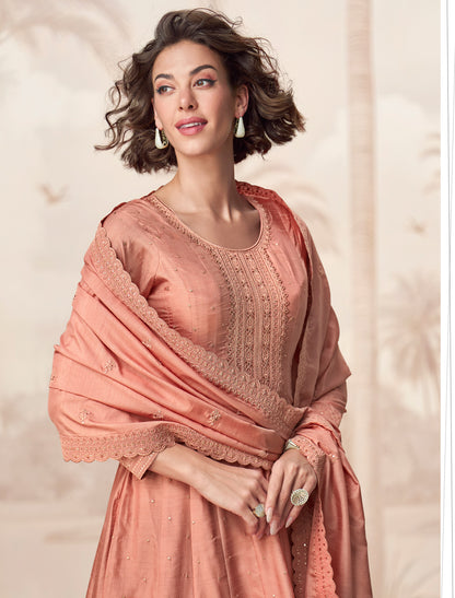 Peach Premium Silk Free Size Designer Party Wear Gown For Women