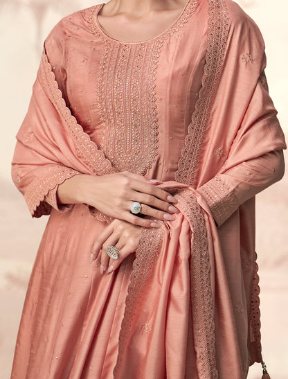 Peach Premium Silk Free Size Designer Party Wear Gown For Women