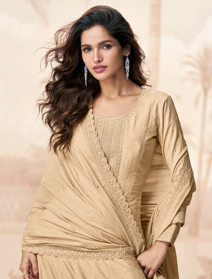 Beige Premium Silk Free Size Designer Party Wear Gown For Women