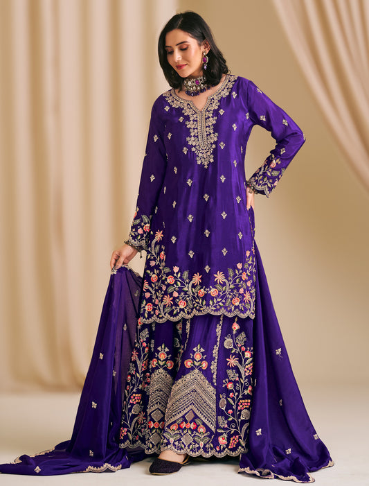 Premium Embroidered Chinon Palazzo Suit – Designer Suit for Women