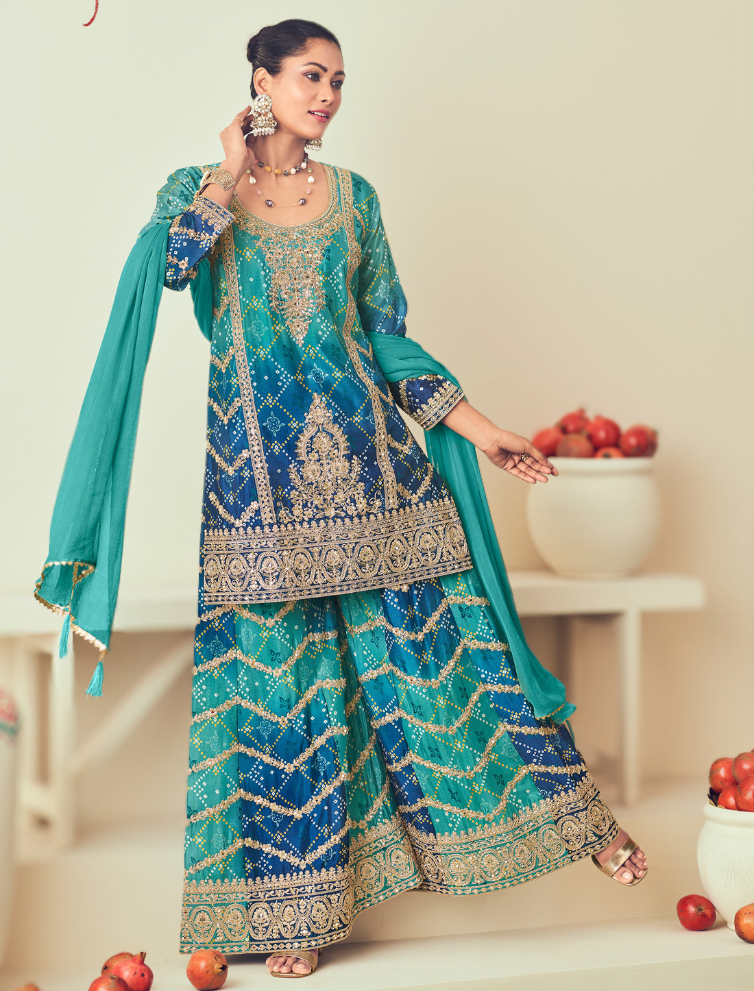 Festive Chinon Embroidered Suit with Plazo Chiffon Dupatta – Women Ethnic Wear