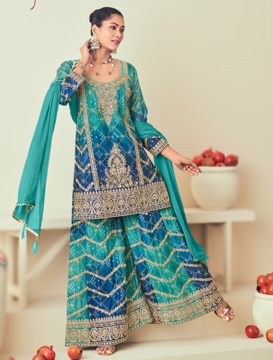 Festive Chinon Embroidered Suit with Plazo Chiffon Dupatta – Women Ethnic Wear