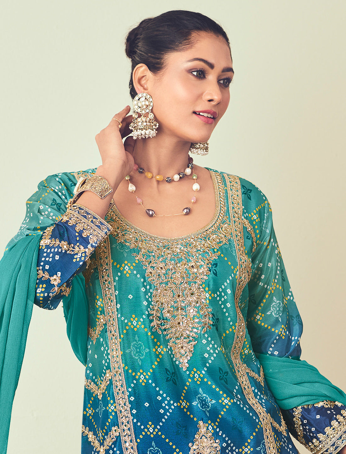 Festive Chinon Embroidered Suit with Plazo Chiffon Dupatta – Women Ethnic Wear