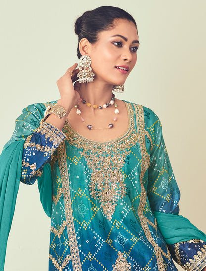 Festive Chinon Embroidered Suit with Plazo Chiffon Dupatta – Women Ethnic Wear